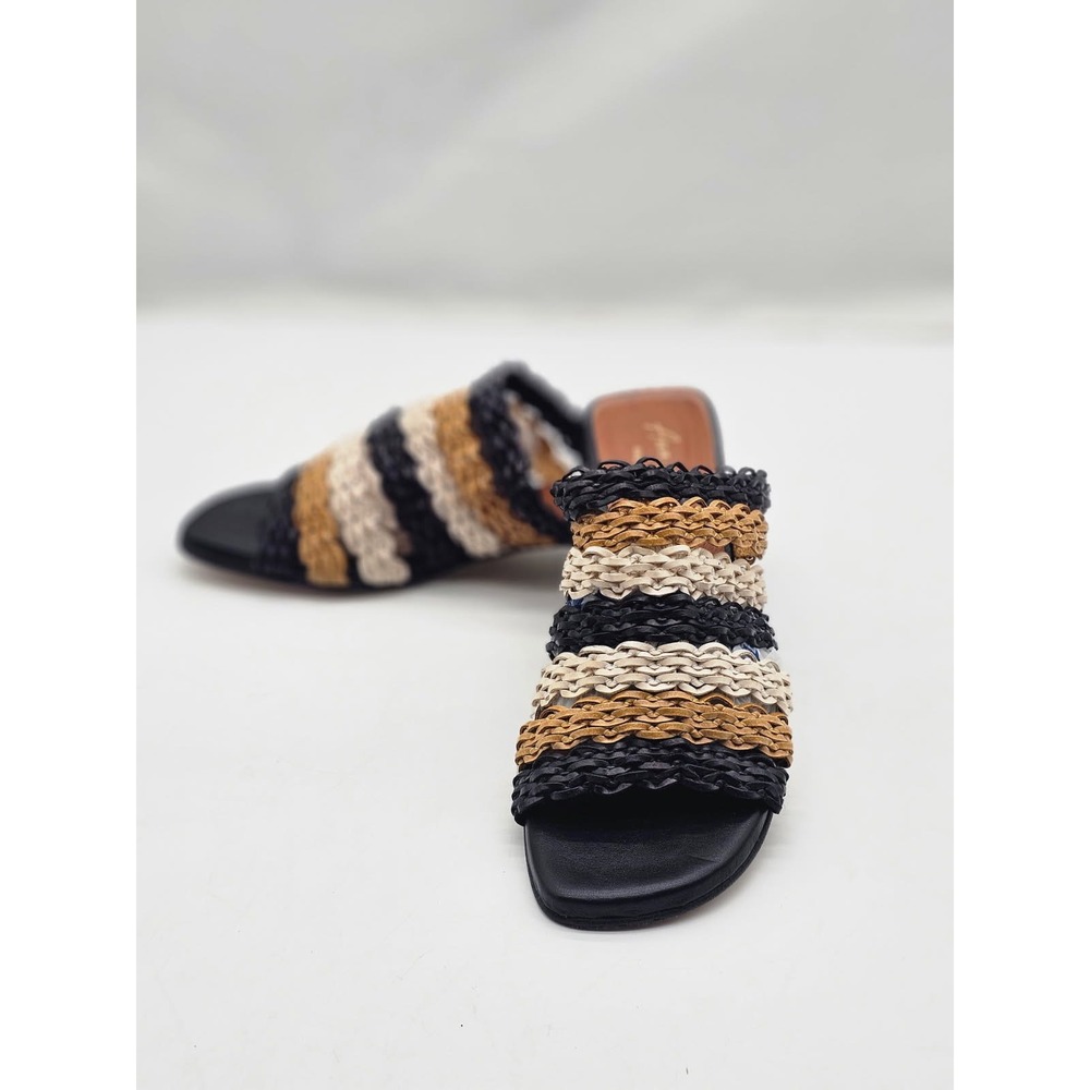 Ana Palma Mules Women's 37 Black Brown Woven Striped Block Heel Spain